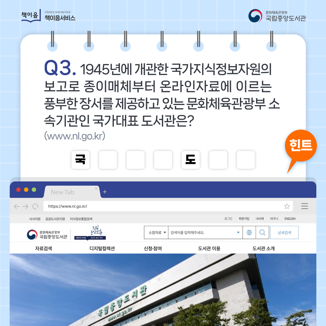 Q3. 1945년에 개관한 국가지식정보자원의 보고로 종이매체부터 온라인자료에 이르는 풍부한 장서를 제공하고 있는 대한민국 문화체육관광부 소속기관인 국가대표 도서관은?