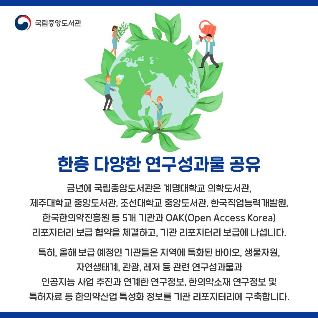 한층 다양한 연구성과물 공유

금년에 국립중앙도서관은 계명대학교 의학도서관, 제주대학교 중앙도서관, 조선대학교 중앙도서관, 한국직업능력개발원, 한국한의약진흥원 등 5개 기관과 OAK(Open Access Korea) 리포지터리 보급 협약을 체결하고, 기관 리포지터리 보급에 나섭니다. 
특히, 올해 보급 예정인 기관들은 지역에 특화된 바이오, 생물자원, 자연생태계, 관광, 레저 등 관련 연구성과물과 인공지능 사업 추진과 연계한 연구정보, 한의약소