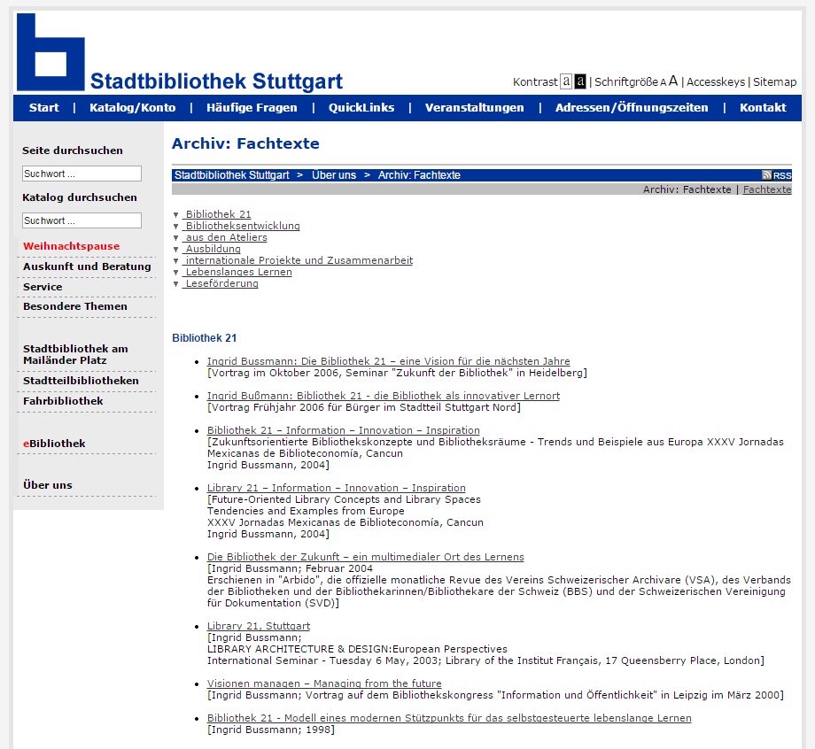 그림 4. 도서관 운영 및 발전 동향 관련 기사를 제공하는 ‘아카이브(Archiv: Fachtexte)’